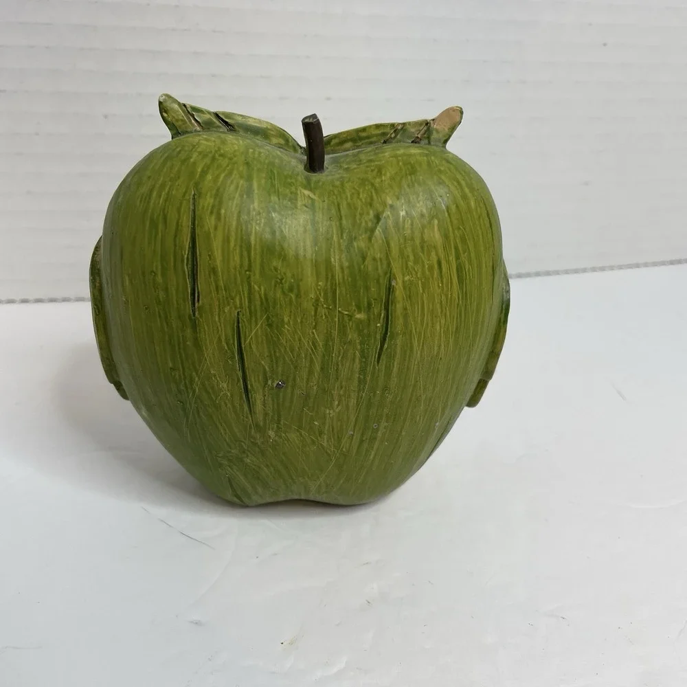 OWL Apple Shaped Wood Resin Figurine Green Glitter Wings Textured